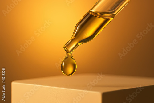 Wallpaper Mural A golden, viscous drop of olive oil gracefully descends from a clear glass dropper, poised just above a smooth, light-colored block, creating a sense of precision and purity Torontodigital.ca