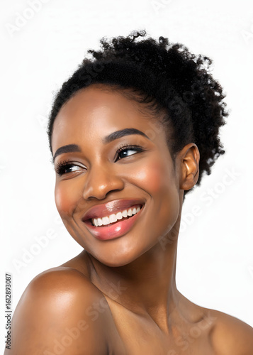 Smiling black woman with curly hair tied in a bun
