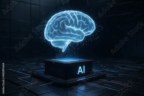3D rendering of artificial intelligence digital brain and neural network chip on futuristic circuit board, representing deep learning, big data analysis, and advanced AI processing
