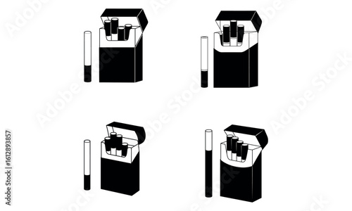 Cigarette packs and single cigarette icons in black health concept
