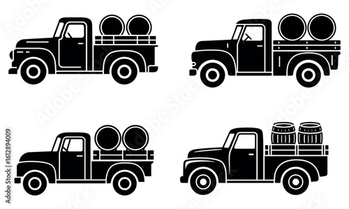 Vintage trucks carrying barrels black silhouette transportation icons
