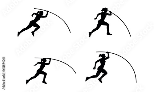 Pole vault athlete silhouettes in motion jumping with pole in action
