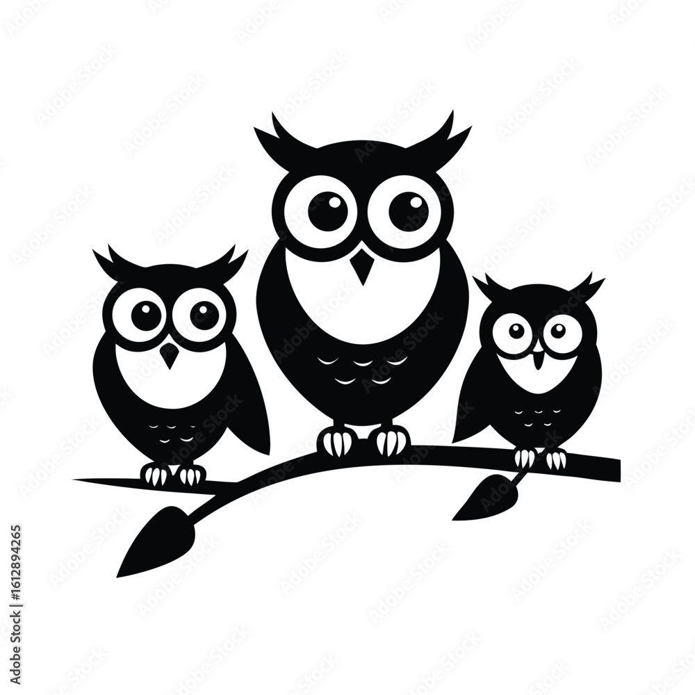 Fototapeta premium Three owls in distinct flying poses above a branch illustration