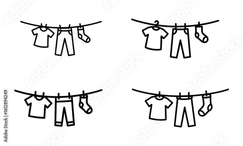 Clothes hanging on line icons with t shirt pants socks in black style
