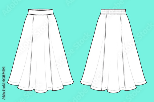 Women's Long Fishtail Skirt Maxi Fashion Flat Sketch Technical Drawing CAD Template.