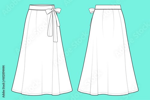 Women's Long Length Party Fishtail Skirt Fashion Flat Sketch Technical CAD Drawing Template.