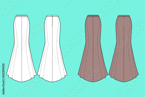 Women's Long Leg Fishtail Pencil Skirt Colorway Set Fashion Flat Sketch CAD Mockup.