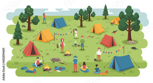 A serene flat design illustration showcasing the vibrant camping area of Festival, complete with colorful tents and stylized trees. 