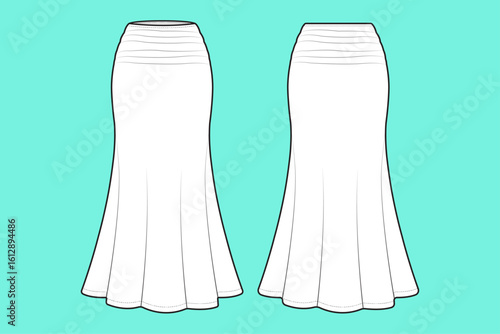 Women's Long Fishtail Pencil Skirt Maxi Fashion Flat Sketch Vector Illustration Technical CAD Drawing Template.