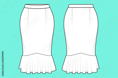 Women's Long Fishtail Pencil Skirt Fashion Flat Sketch CAD Mockup Front and Back Views.
