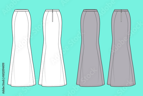 Women's Long Leg Fishtail Skirt Colorway Set Fashion Flat Sketch Vector Illustration Technical CAD Drawing Template.