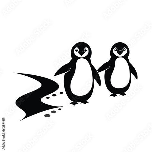 Three adorable penguins waddling together on a snowy path with a white background banner