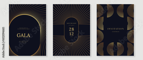 Luxury Geometric Invitation Card Set with Gold Line Art on Dark Background. Elegant Templates for Gala Events, Corporate Parties, Wedding Announcements, and VIP Invitations