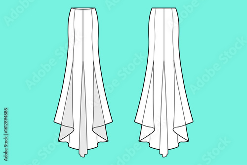 Women's Long Classic Fishtail Maxi Skirt Fashion Flat Sketch Vector Illustration Technical CAD Drawing Template.