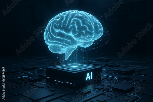 3D rendering of artificial intelligence digital brain and neural network chip on futuristic circuit board, representing deep learning, big data analysis, and advanced AI processing
