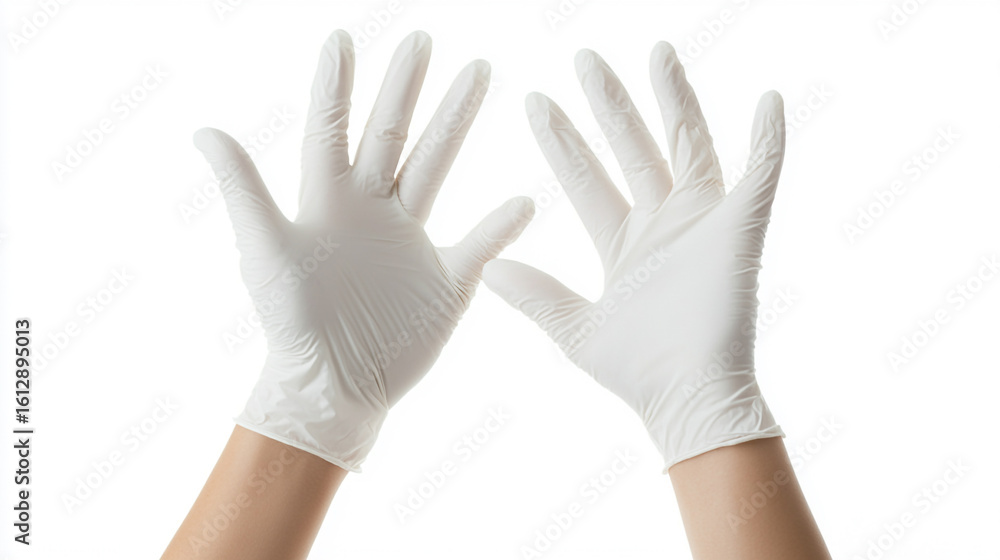 Obraz premium Two hands wearing white gloves palms open on white background