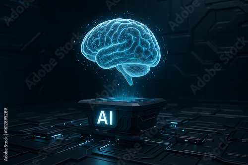 3D rendering of artificial intelligence digital brain and neural network chip on futuristic circuit board, representing deep learning, big data analysis, and advanced AI processing
