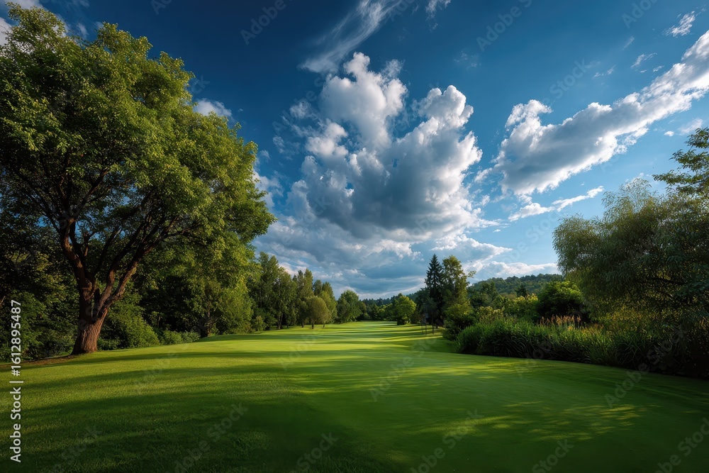 Naklejka premium Lush green golf course under a vibrant blue sky with scattered clouds showcasing nature's beauty in the afternoon light