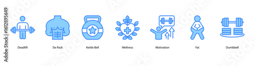Strength and fitness web banner icon vector illustration with six pack training, kettlebell workout, wellness habits, daily motivation, fat reduction, dumbbell lifting, and building strength.