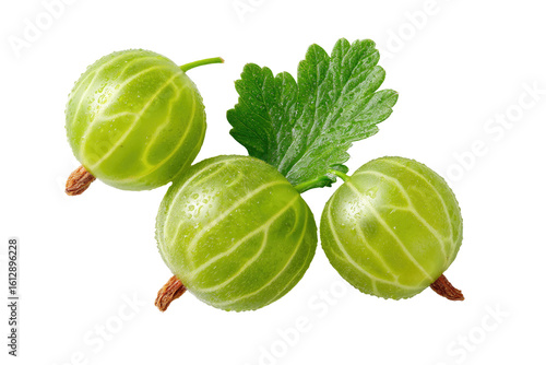 Close-up of three bright green gooseberries clustered together, with a single leaf