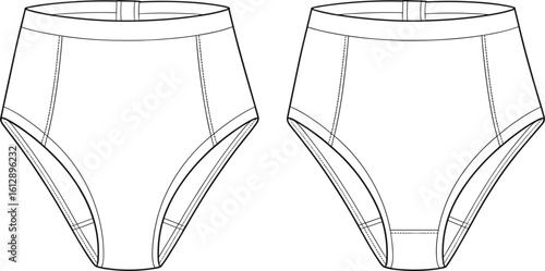 Women's High Waisted Briefs Technical Drawing, Underwear Fashion Flat Sketch, Lingerie Apparel Design Template for Production, Comfortable Undergarment Blueprint, Modern Intimate Wear Illustration.