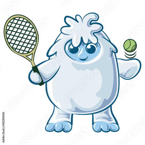 cute yeti playing tennis, cartoon snow monster with his racket ready to serve vector illustration, work of hand drawn