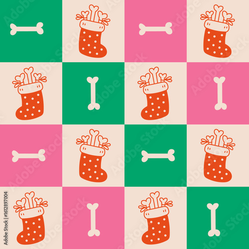 Christmas Stocking Dog Seamless Pattern. Colorful Checkered Background with Holiday Bone Gift for puppy. Geometric Pet Repeat vector illustration
