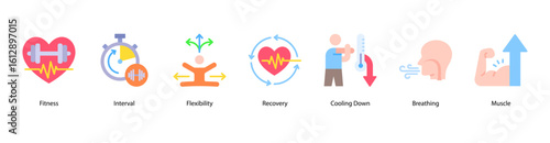 Training recovery web banner icon vector illustration featuring fitness interval, flexibility, post-workout recovery, cooling down, breathing techniques, muscle growth, and deadlift movement.