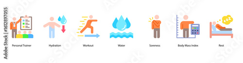 Personal fitness web banner icon vector illustration with personal trainer, hydration, workout routine, water intake, muscle soreness, body mass index, and rest recovery essentials.