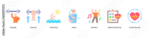 Aerobic fitness web banner icon vector illustration with exercise routines, swimming, sweat effort, aerobics class, medical check up, cardiovascular focus, and running activity.