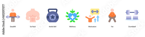 Strength and fitness web banner icon vector illustration with six pack training, kettlebell workout, wellness habits, daily motivation, fat reduction, dumbbell lifting, and building strength.