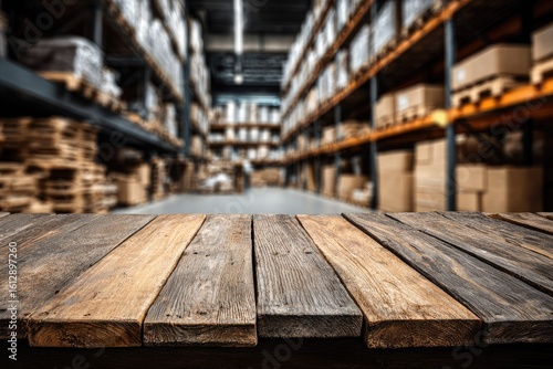 Wallpaper Mural Rustic wooden table against blurred warehouse backdrop Torontodigital.ca