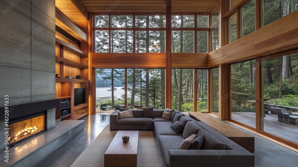 Fototapeta premium Luxurious modern living room with a fireplace, expansive windows, and scenic forest views