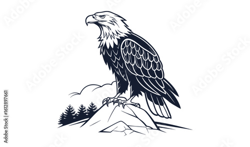 Majestic bald eagle perched on a rocky outcrop with pine trees in the background