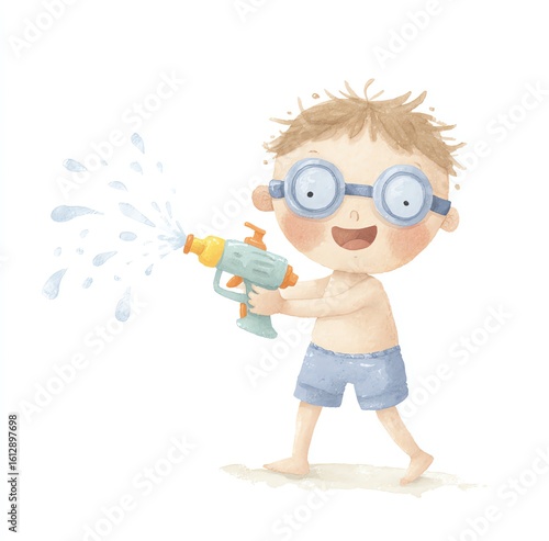 Happy Boy Playing with Water Gun on Beach