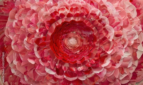 Close up of blooming flower with elegant circular red and pink petals