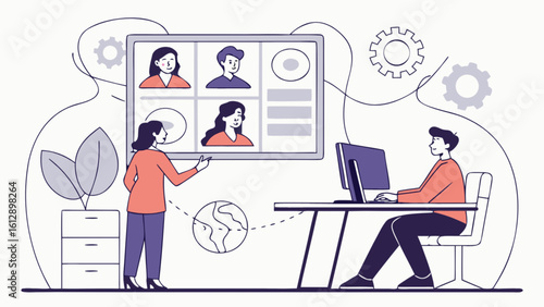 Illustration of virtual meeting online conference call with team using video communication software