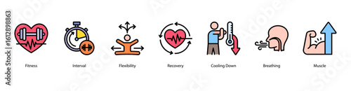 Training recovery web banner icon vector illustration featuring fitness interval, flexibility, post-workout recovery, cooling down, breathing techniques, muscle growth, and deadlift movement.