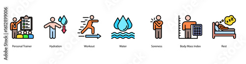 Personal fitness web banner icon vector illustration with personal trainer, hydration, workout routine, water intake, muscle soreness, body mass index, and rest recovery essentials.