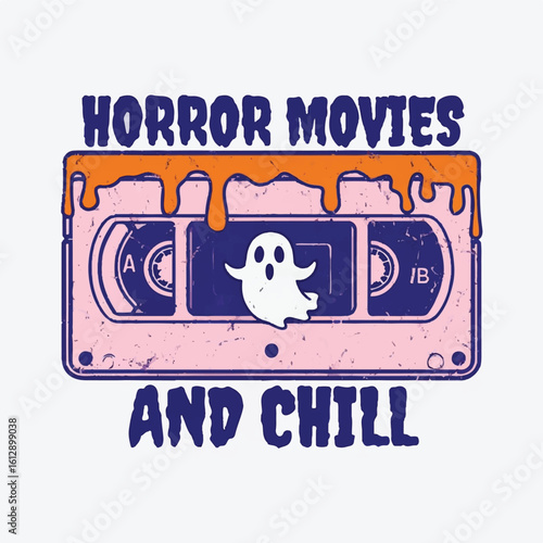 Horror Movies and Chill Retro VHS Tape with Ghost Illustration