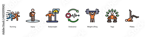 Strength training web banner icon vector illustration with injury risk, bodyweight control, lifting weights, yoga flow, pilates exercise, treadmill run, and repetition cycle.