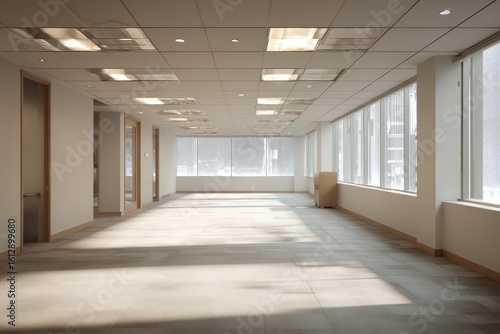Fototapeta Naklejka Na Ścianę i Meble -  Modern empty office space featuring large windows and natural lighting in a sleek design ideal for a workspace environment