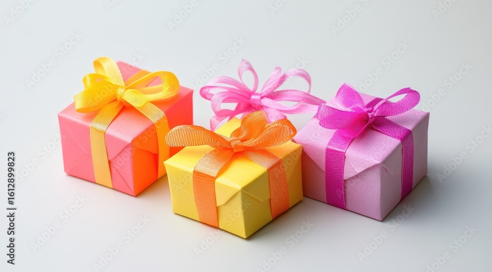 Fototapeta premium Three small gift boxes, vibrant colors, pastel hues, tied with ribbons, arranged horizontally on a white background