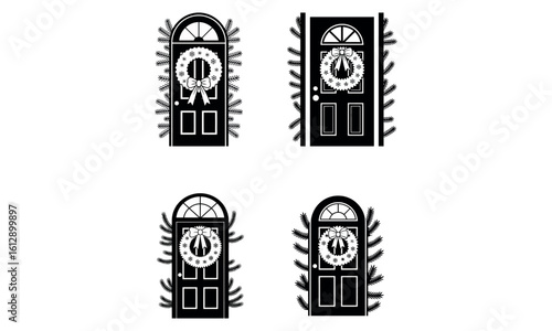 Decorated front doors with wreath and garland in holiday icon set
