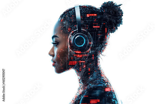 Young woman with futuristic cybernetic head and neck isolated on transparent background. Futuristic woman with a digital headset blending technology on white background