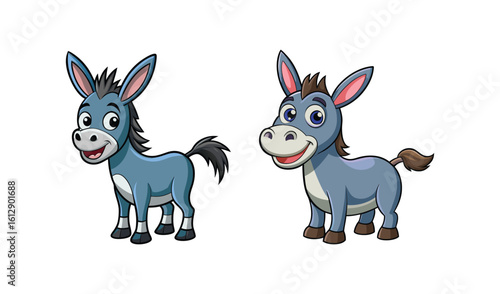 Two cute cartoon donkeys standing side by side smiling