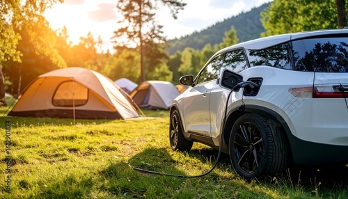 Electric SUV charging at campsite