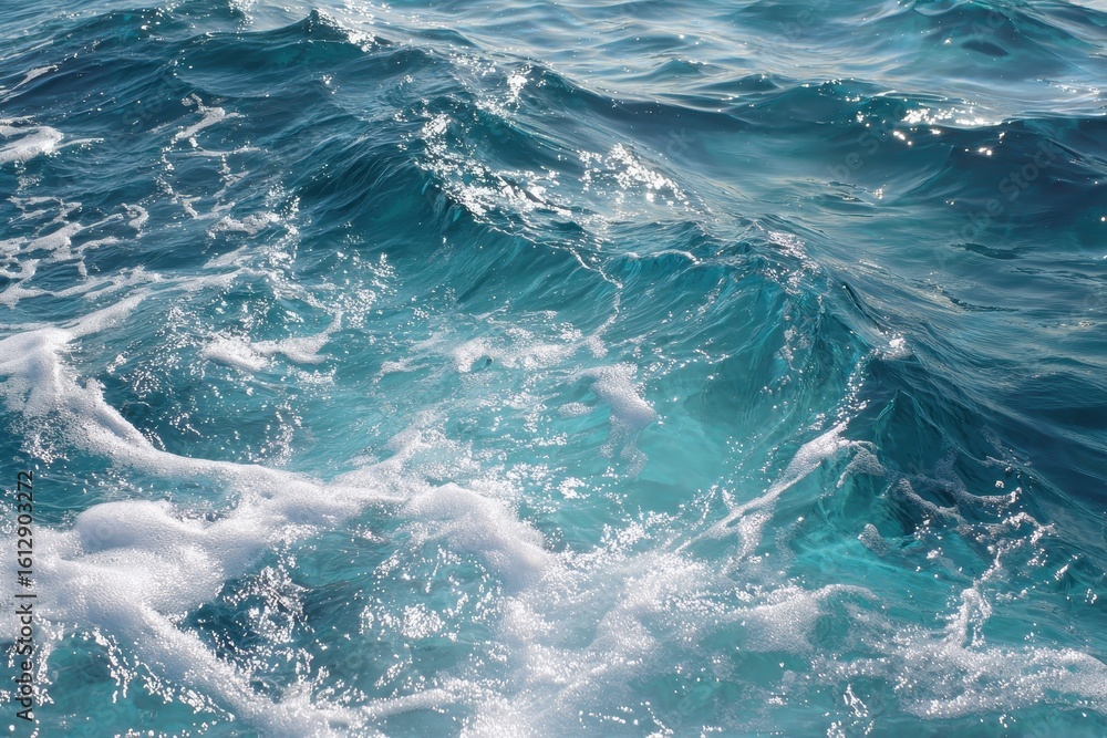 Obraz premium Crystal clear ocean waves reflect sunlight during a calm day, showcasing vibrant shades of blue and inviting scenery for relaxation and escape