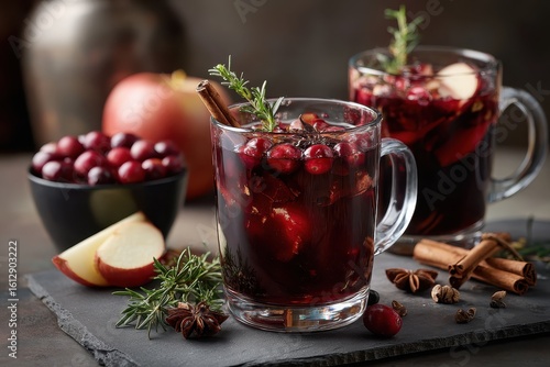 Homemade cranberryapple mulled wine served in glasses garnished with fresh herbs and spices in an inviting kitchen setting