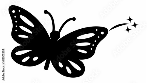 Silhouette of a butterfly with decorative wing patterns and antennae with three star accents on wing tip